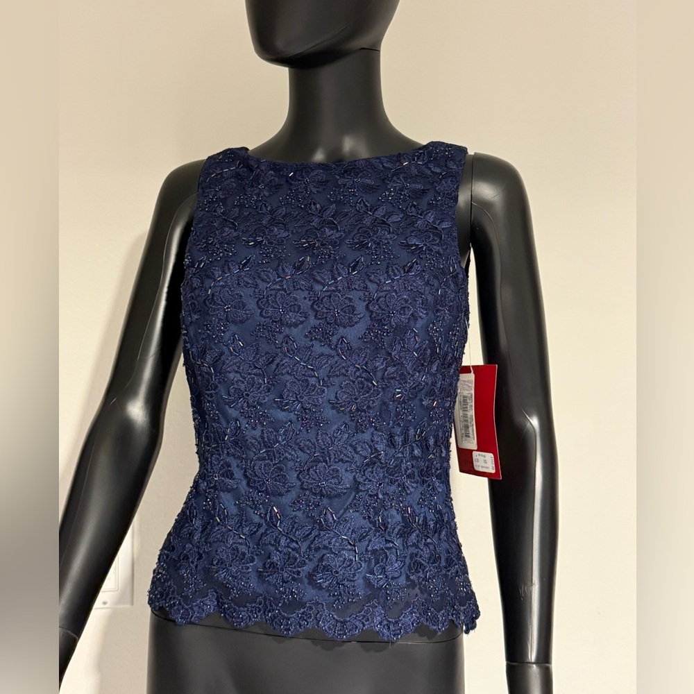 JS Collections Elegant Navy Blue Lace Sleeveless Top embroidered NWT Size 6